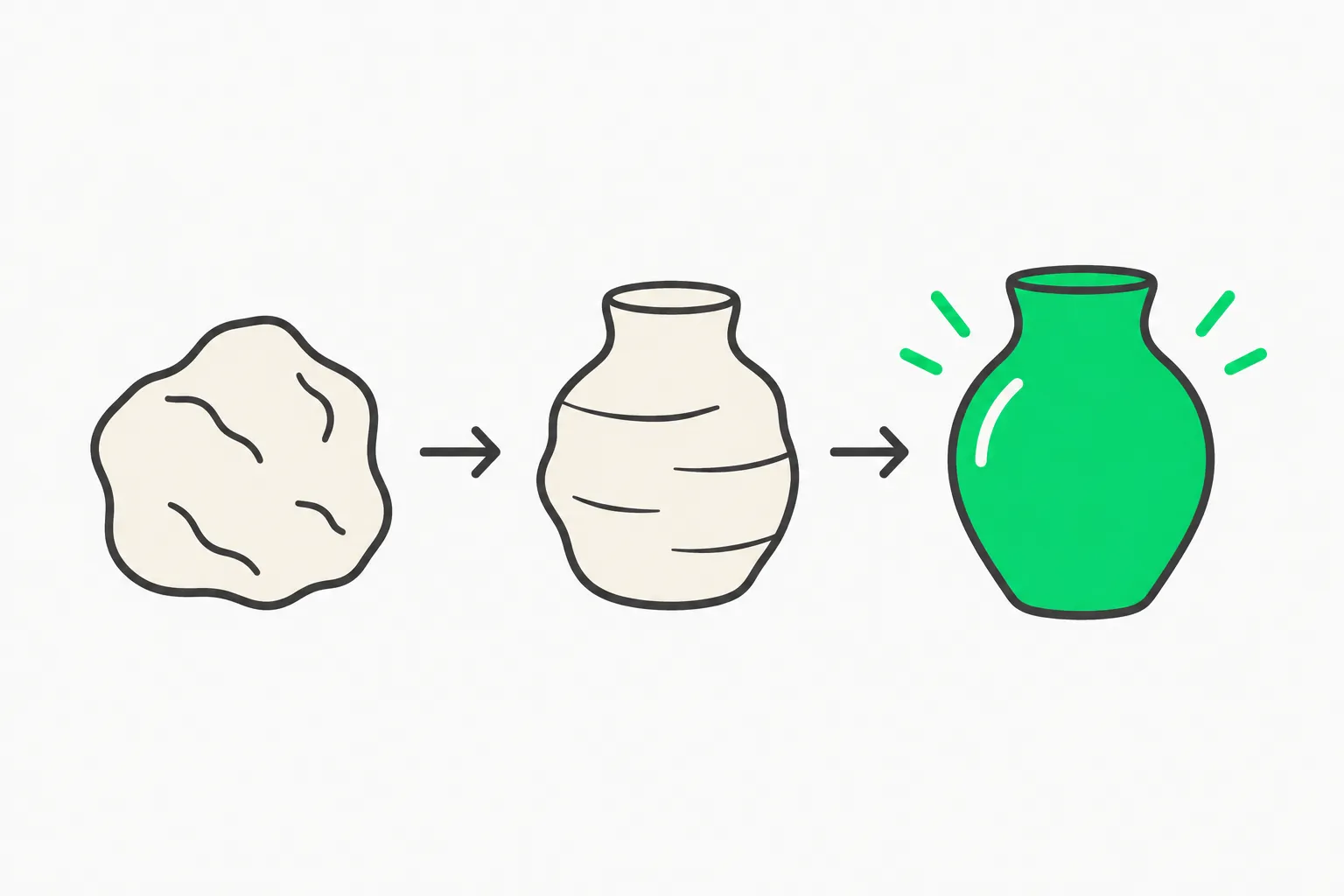 A rough clay lump refined into a smooth vase, an image of iteration in agentic AI adoption for UX work