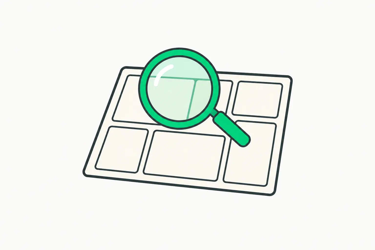 A green lens over a page divided into rectangular regions, illustrating document layout parsing with OCRia-1
