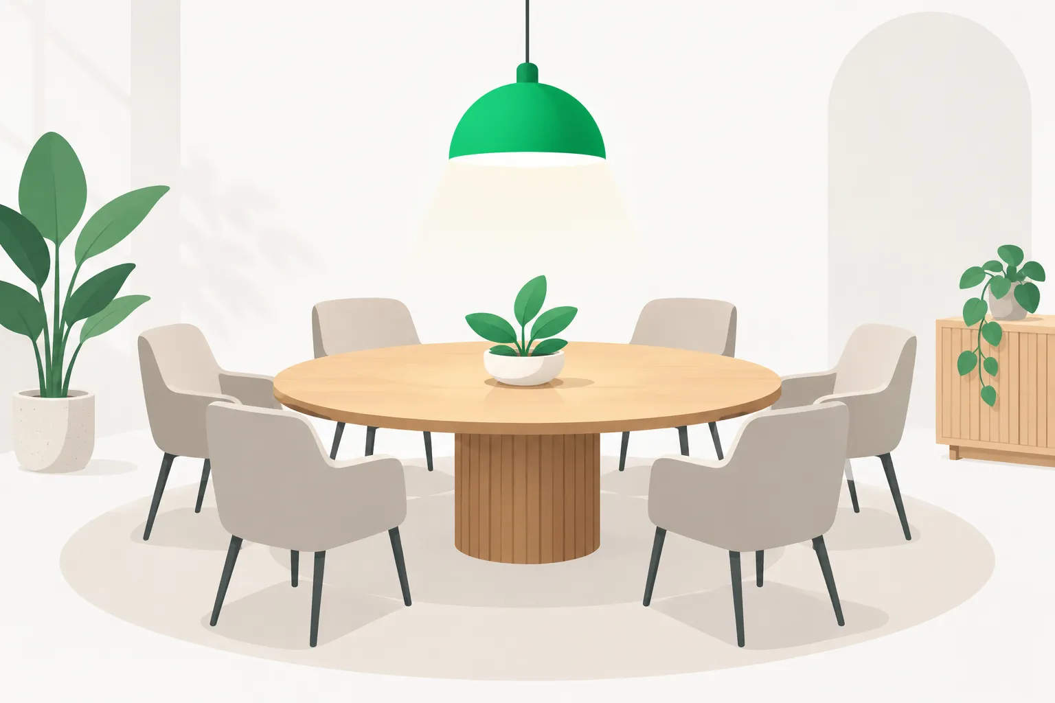 A round table with empty chairs and one green lamp above, standing in for a governing board that has not been named yet
