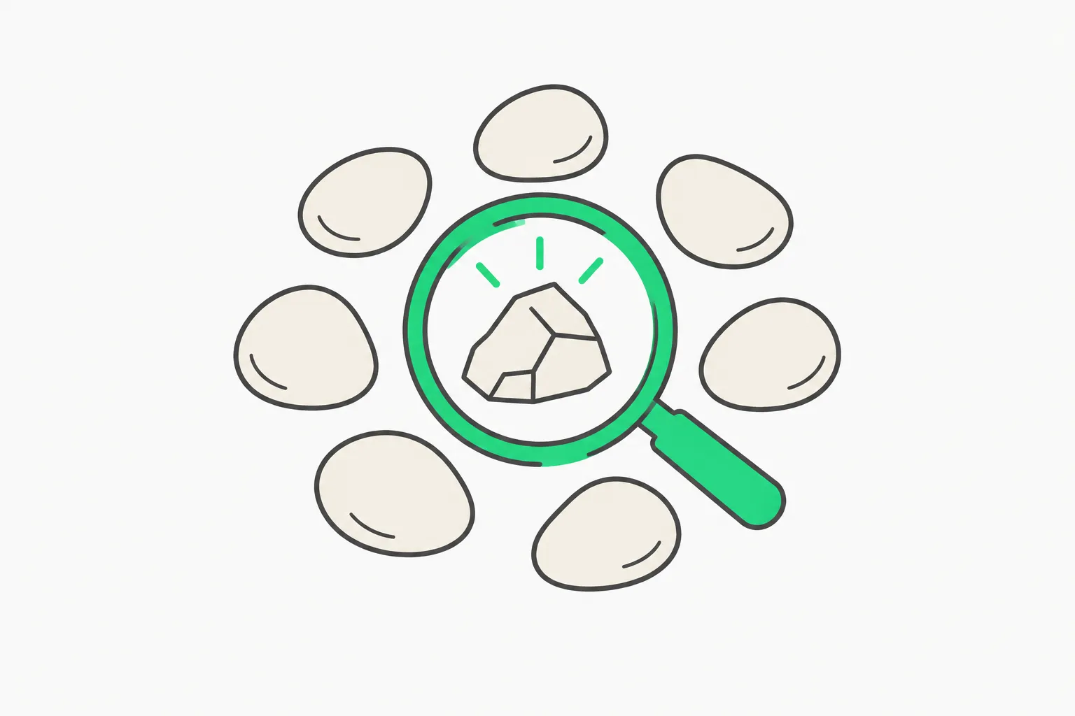 Fraud anomaly detection lens isolating a single odd pebble among smooth ones, like spotting a distillation account