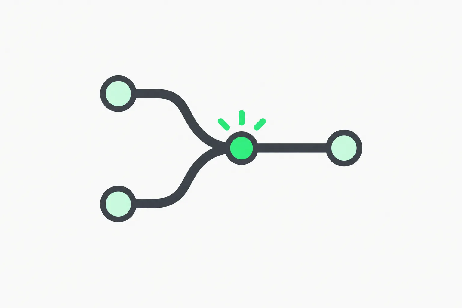 Two branching lines merging at a green dot, representing a coding agent change being merged into a repository in the FrontierCode benchmark