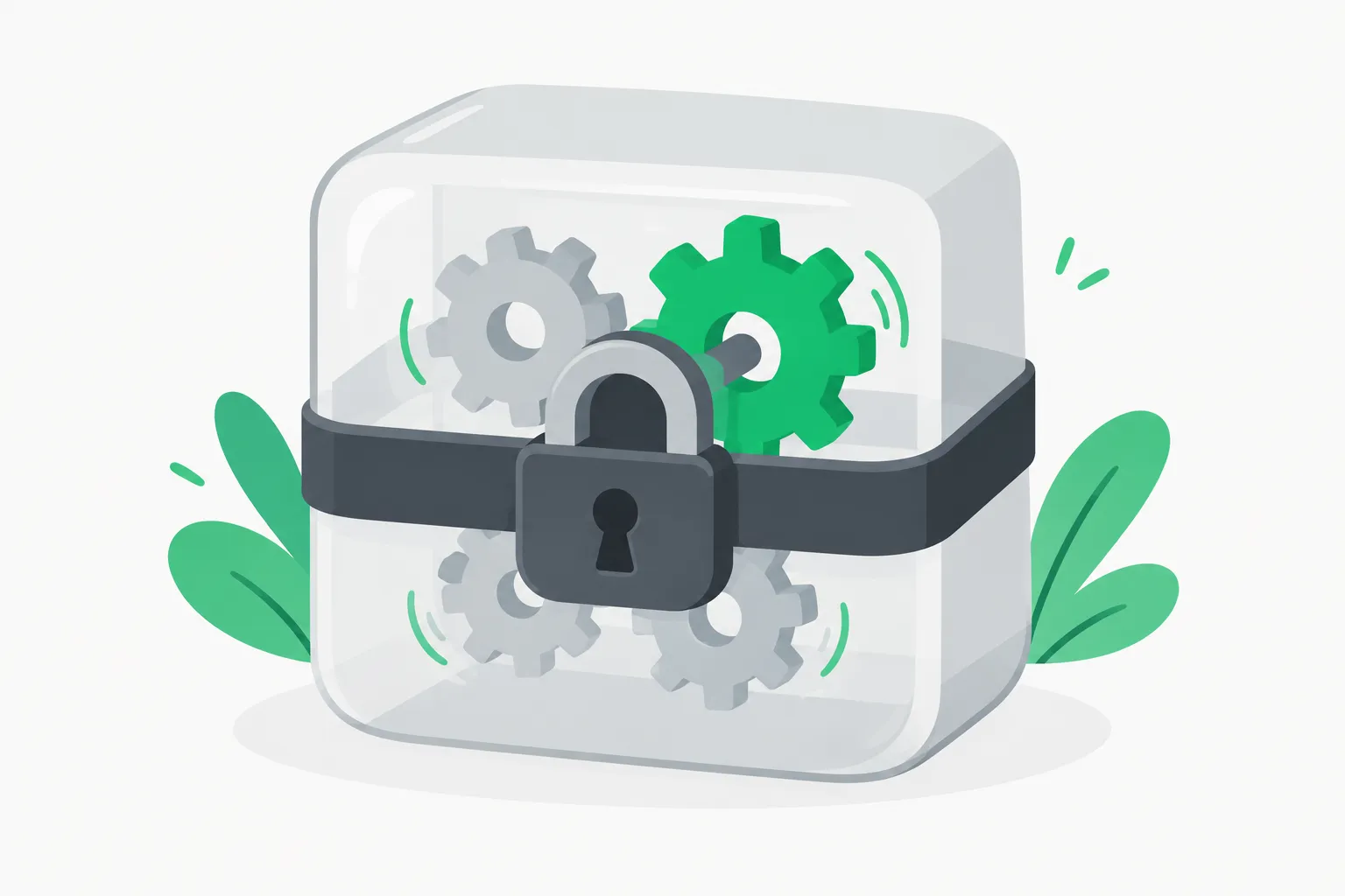 Locked box with gears turning inside, illustrating NVIDIA Confidential Bare Metal keeping a model protected while it runs