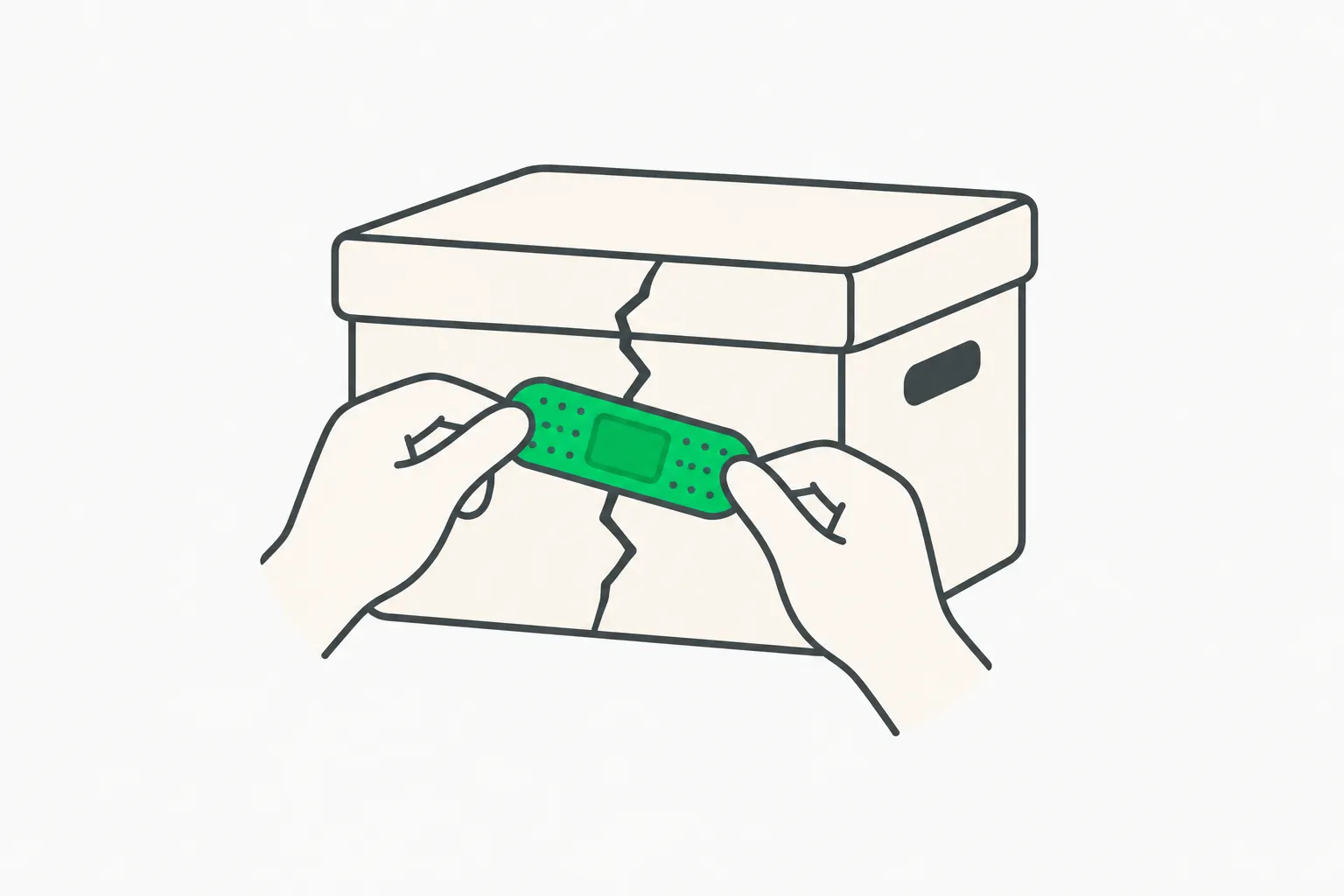 A bandage across a cracked box, picturing incident response after a misalignment monitor alert
