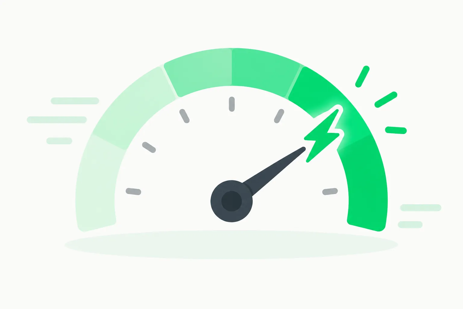 A gauge with a lightning bolt at the needle tip, representing the claimed speed advantage of Microsoft-Decision-1