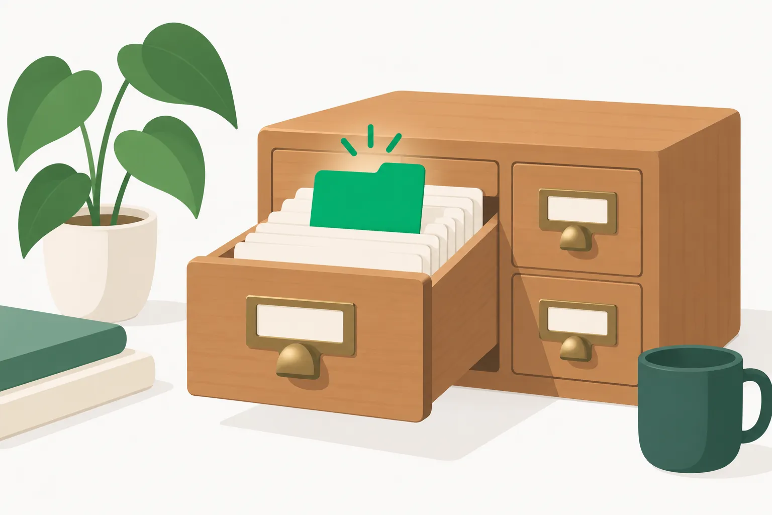 Card catalog drawer representing the verified extracts imozuru saves from original sources