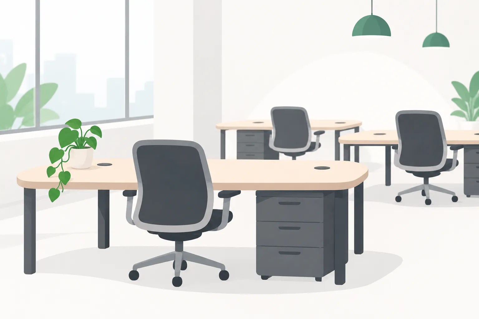 Row of office desks with a few empty chairs, a picture of the Flock Safety layoffs of about 18% of staff