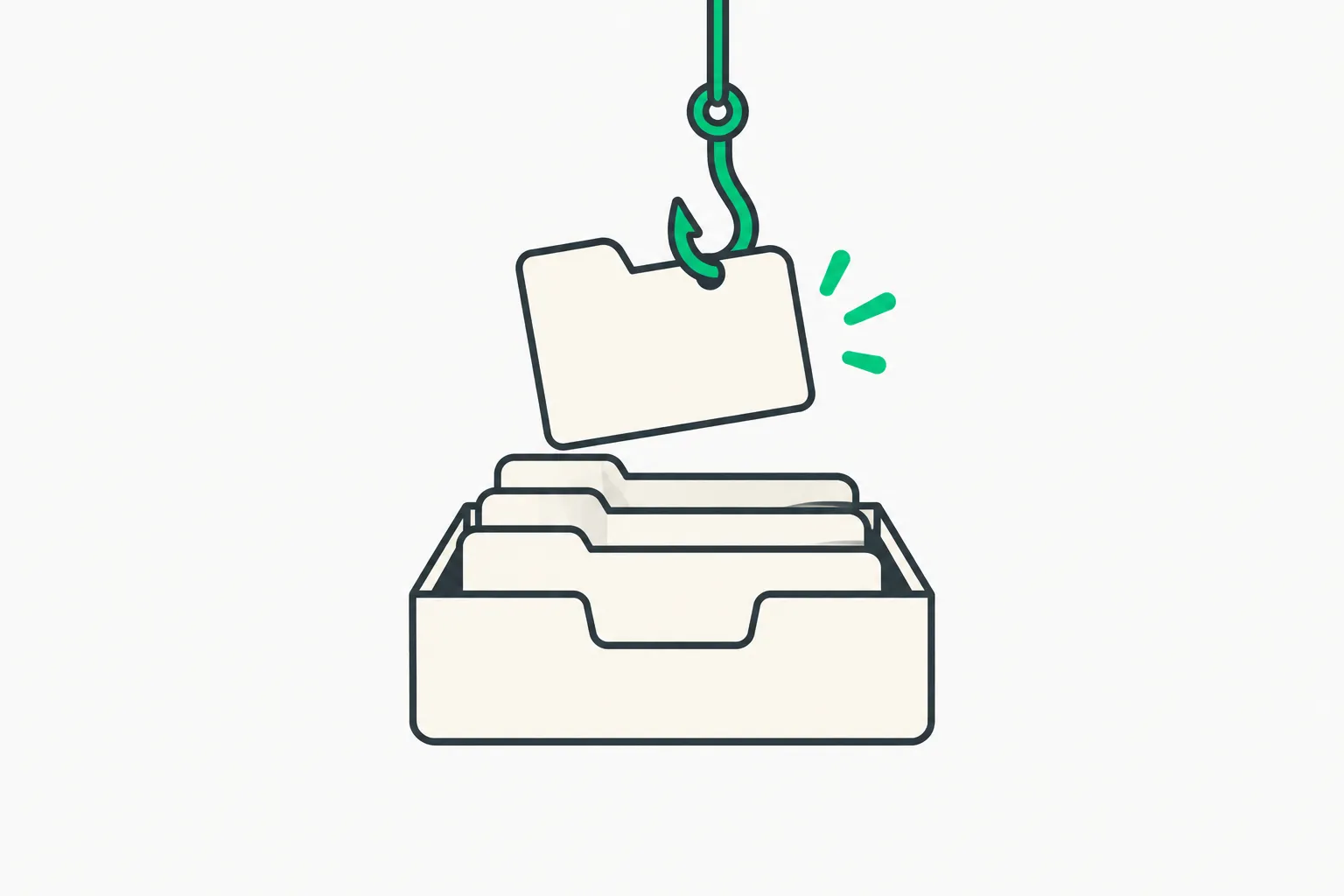 A hook lifting one folder from an archive tray, standing for evidence preservation during a ShinyHunters extortion attempt