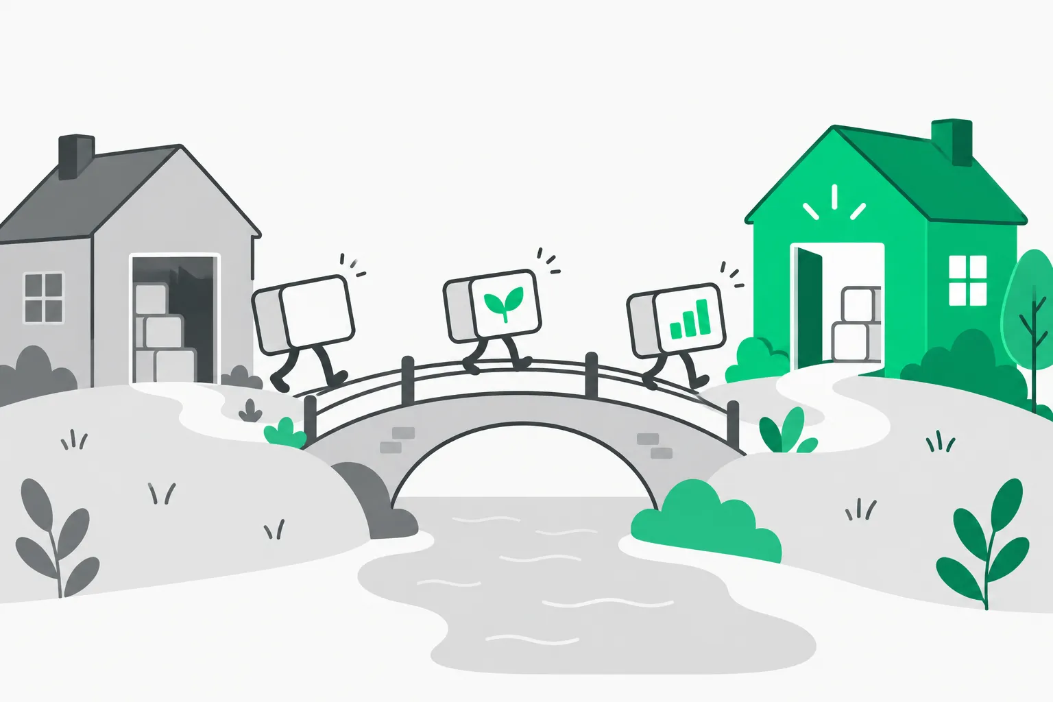 Moving boxes crossing a bridge, picturing agent session history migrating between coding agents with Beacon cross-harness memory