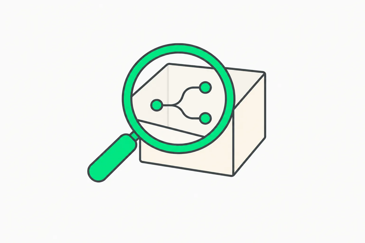 A green lens examining a cream box with a short branching path, illustrating auditing of what an agent read and delivered