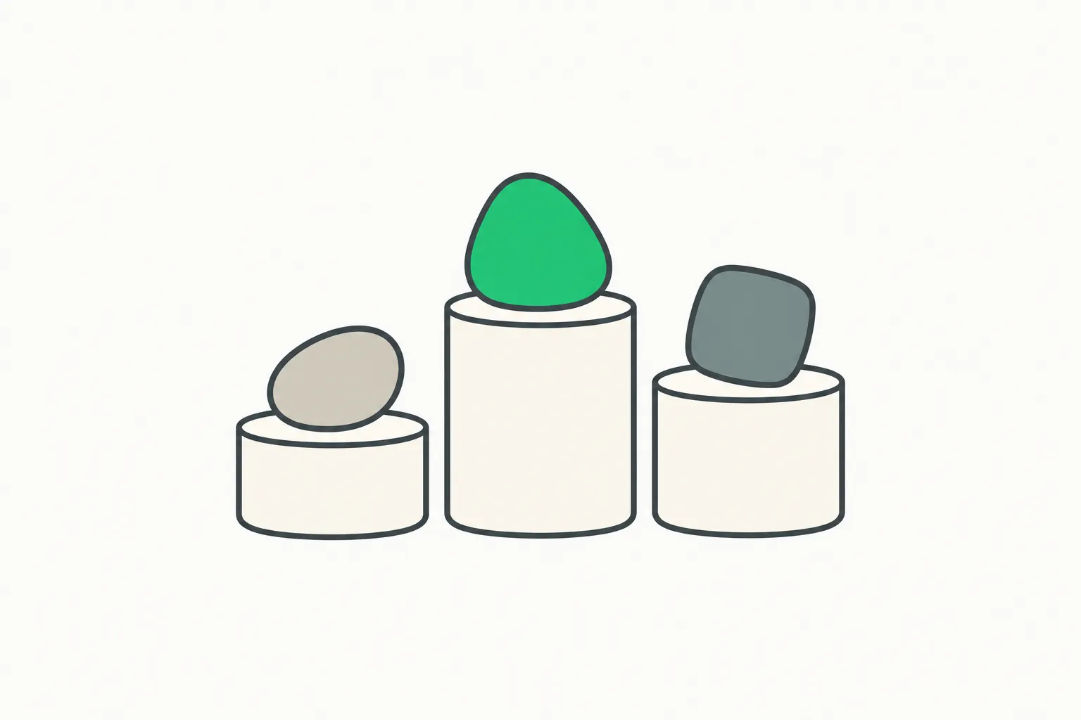 A podium with differently shaped stones, a green stone on the tallest step, standing in for a video model leaderboard