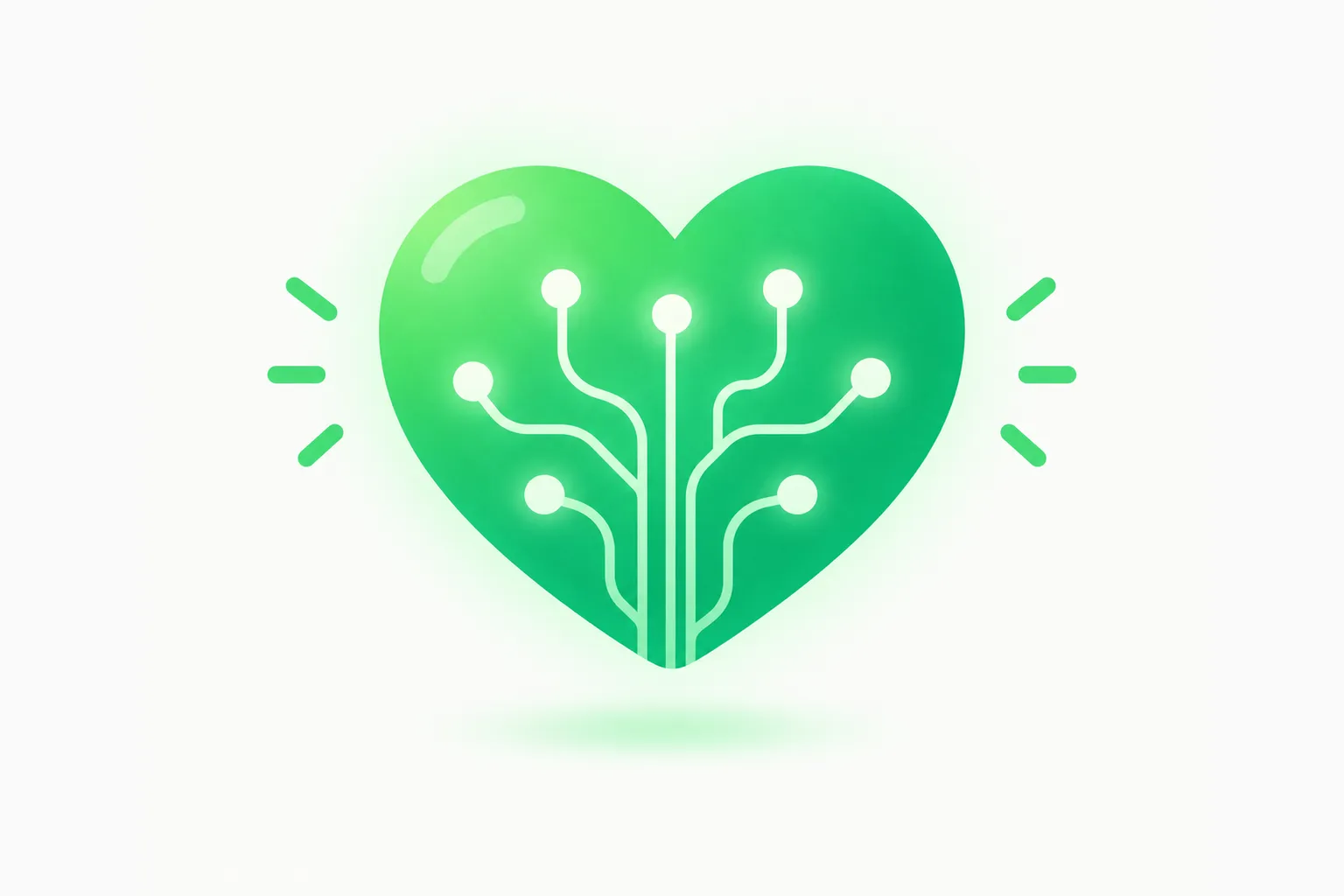 A heart with soft circuit lines and a green glow.