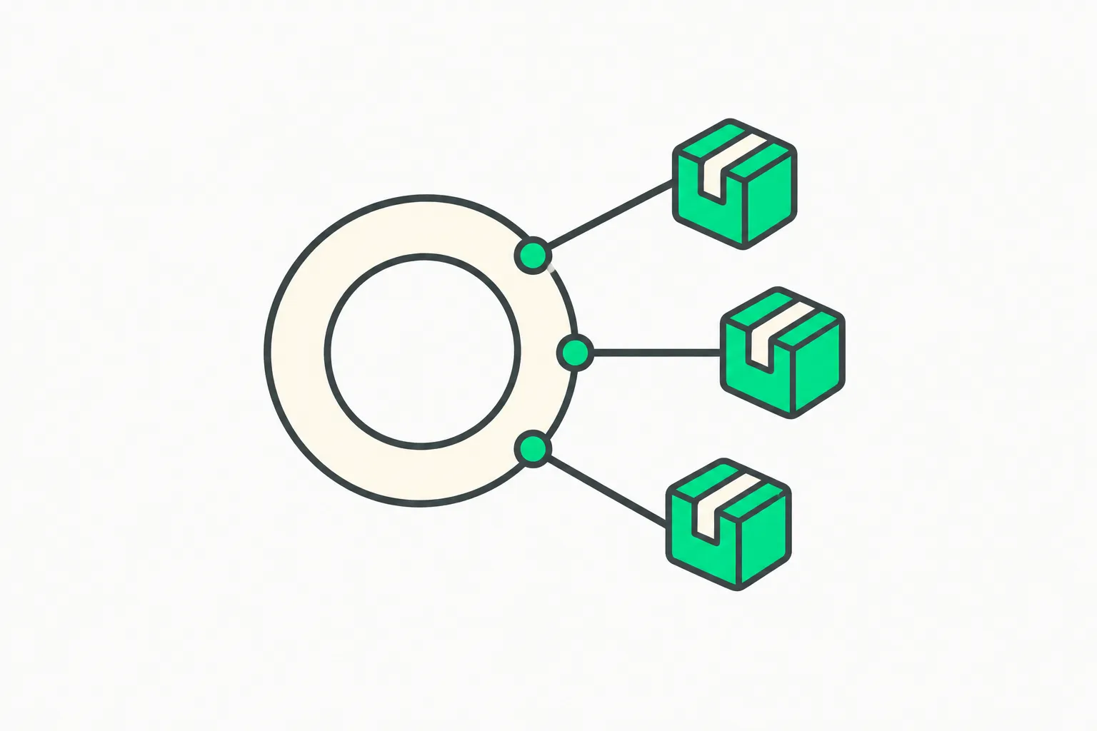 Illustration of one large ring routing three small parcels outward, used here to depict a single Gemini agent delegating to sub-agents