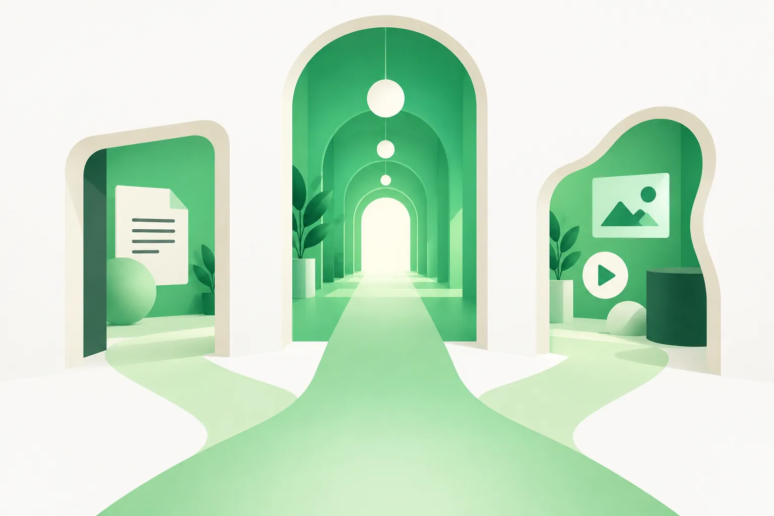 Three doorways of different shapes opening into one hall, picturing text, image and audio entering a single tri-modal diffusion model