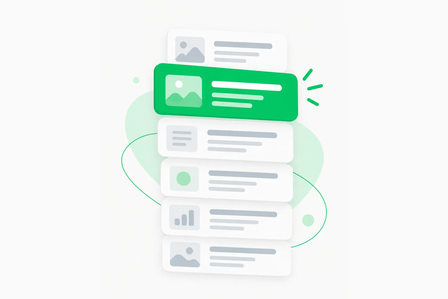 A river of content cards with one card selected, illustrating how a Facebook feed ranks posts and how Your Algorithm steers it