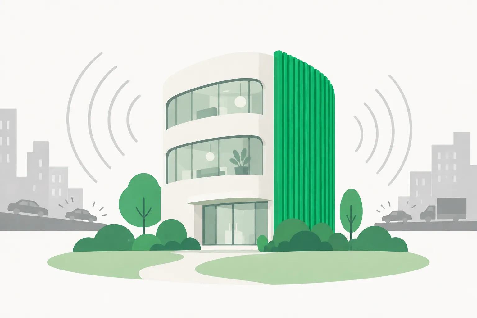 Rounded building with sound rings and a dampener, showing the noise residents fear from a data center beside homes