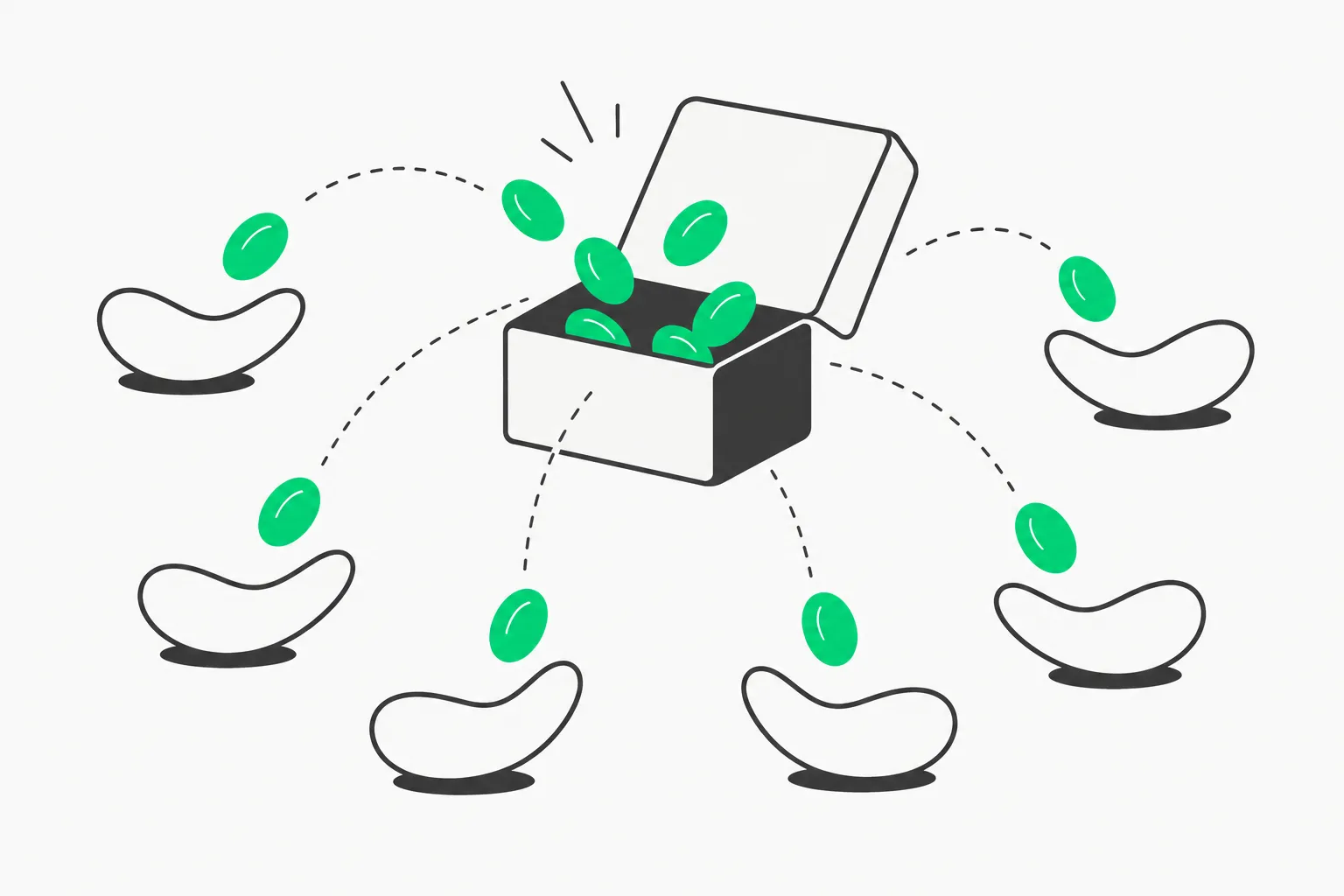 Open box releasing green seeds toward open hands, showing Ecosia switching to open-weight models from Mistral