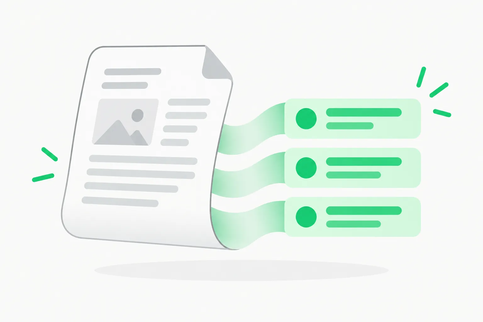 A document sheet unfolding into tidy rows, illustrating how a document parsing model turns pages into structured output