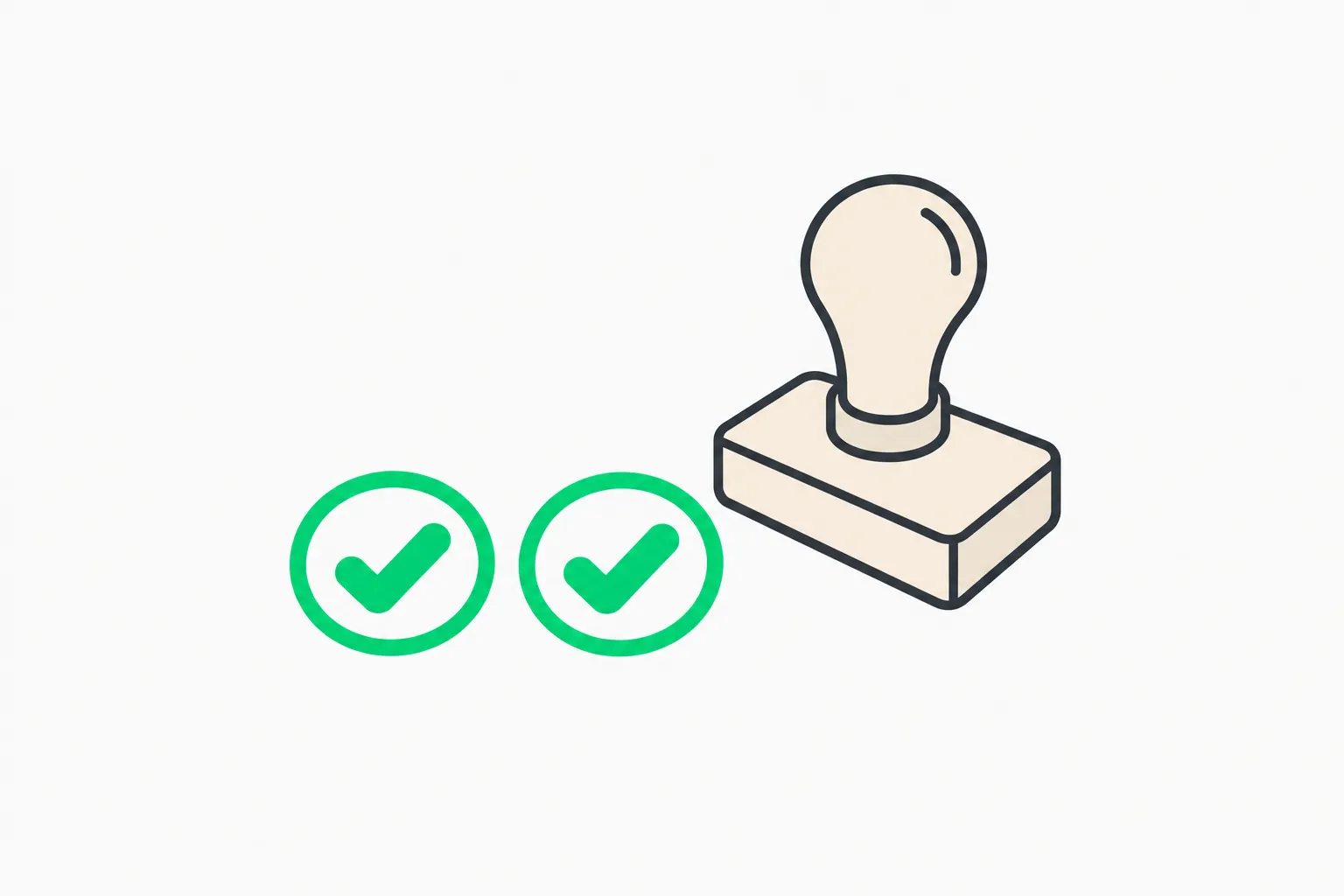 Two circular check impressions beside a stamp, representing reproducible benchmark results for the OmniDocBench comparison