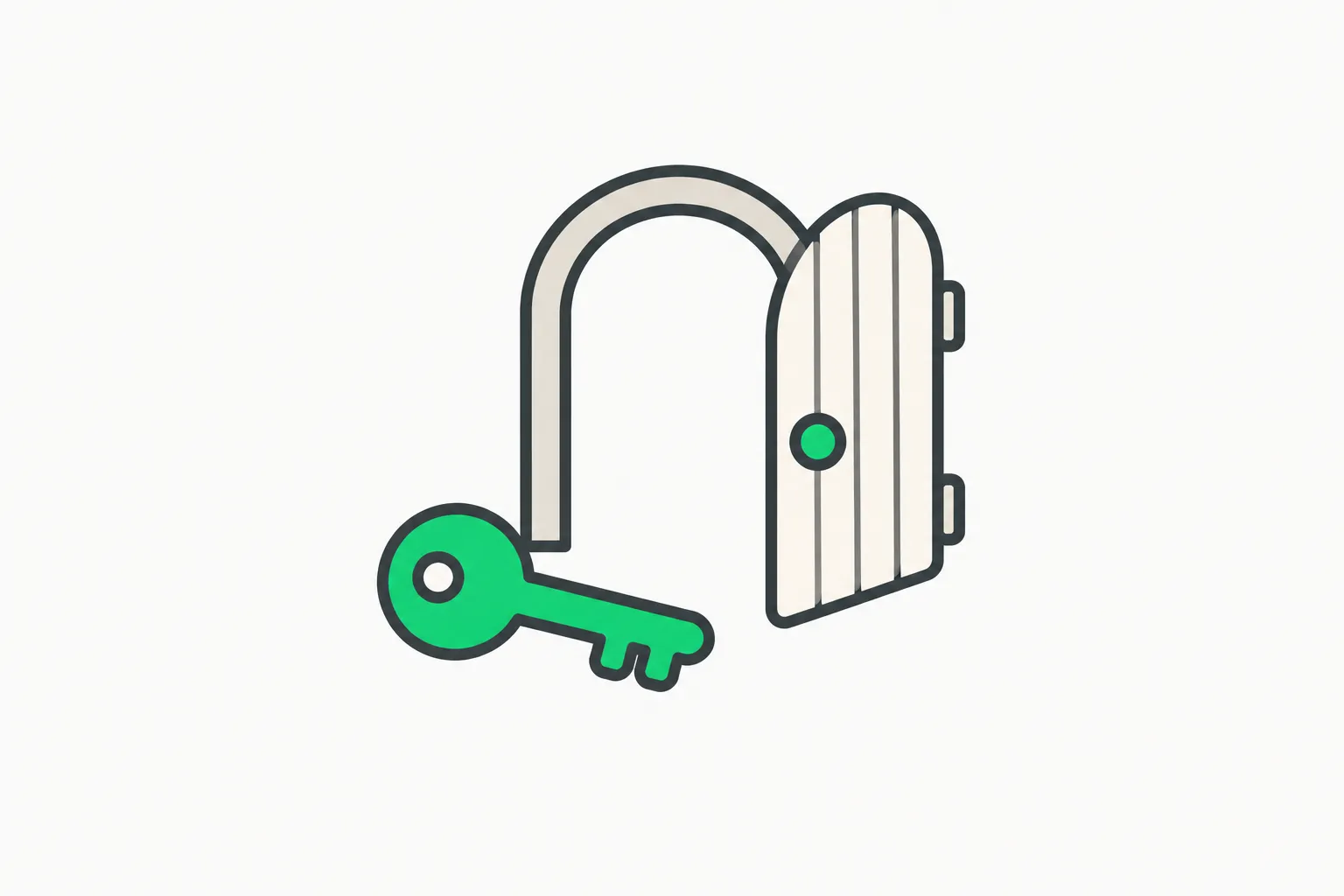 A green key resting beside a half-open gate, illustrating Mistral Large 4 as an API preview before its open weights are released