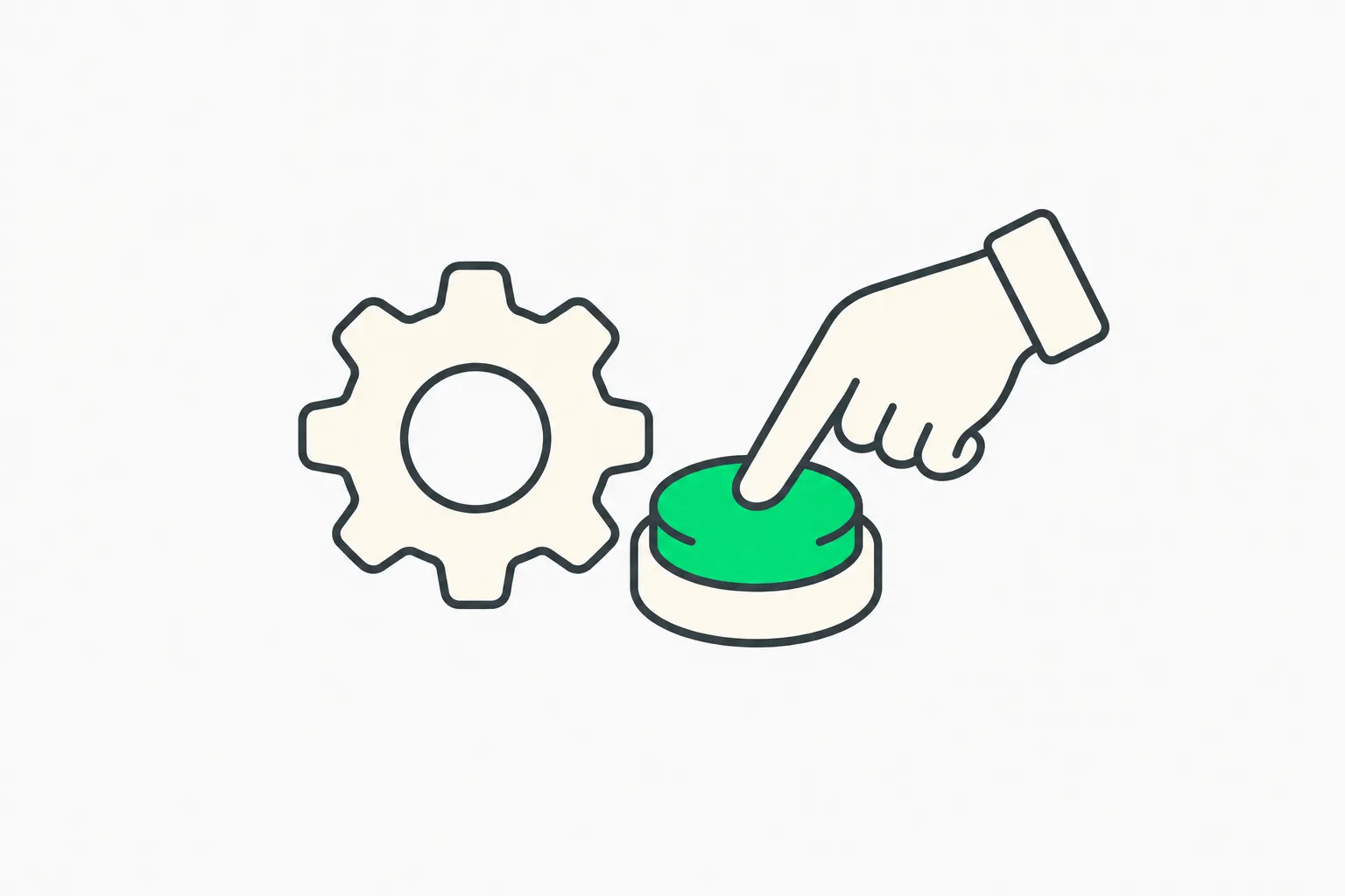 A hand pressing a large stop button beside a stopped gear, representing a kill switch for agents