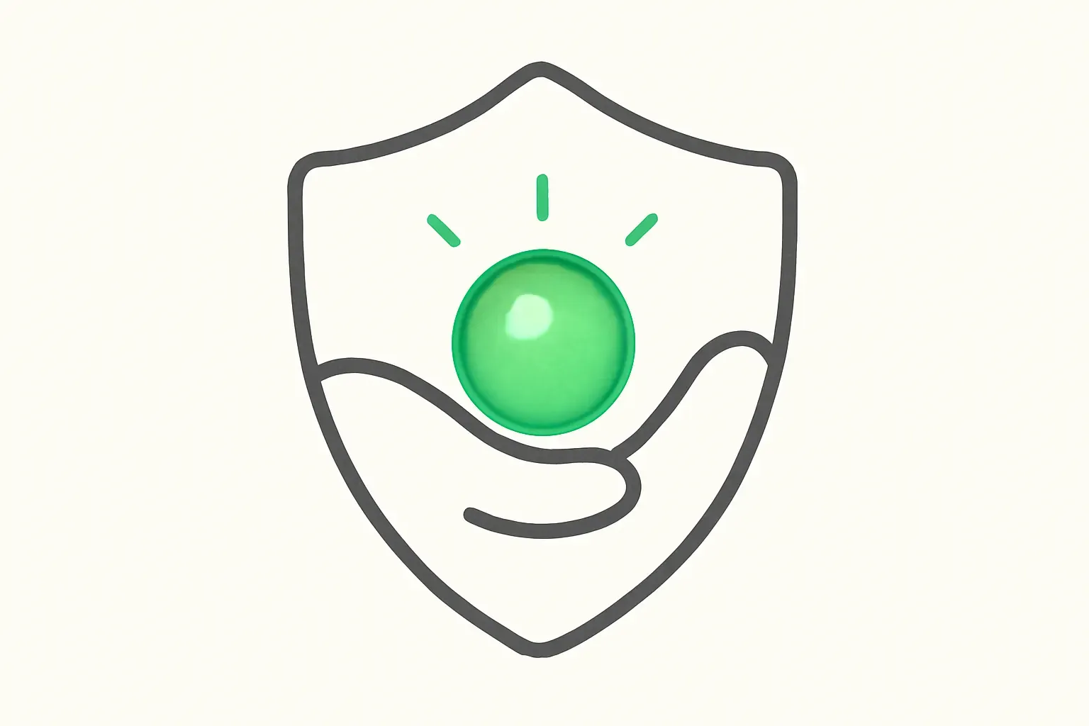 Charcoal shield cradling a green orb, illustrating teen safety guardrails around ChatGPT for Teens