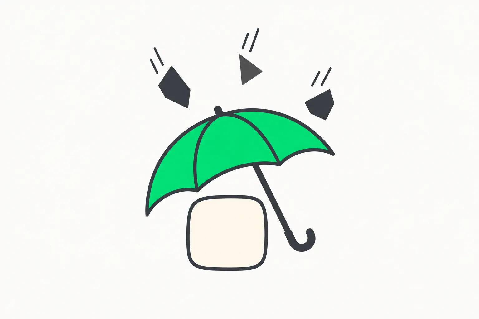 A green umbrella shelters a small block from falling fragments, illustrating defense against suspected AI-driven attacks on Korean banks