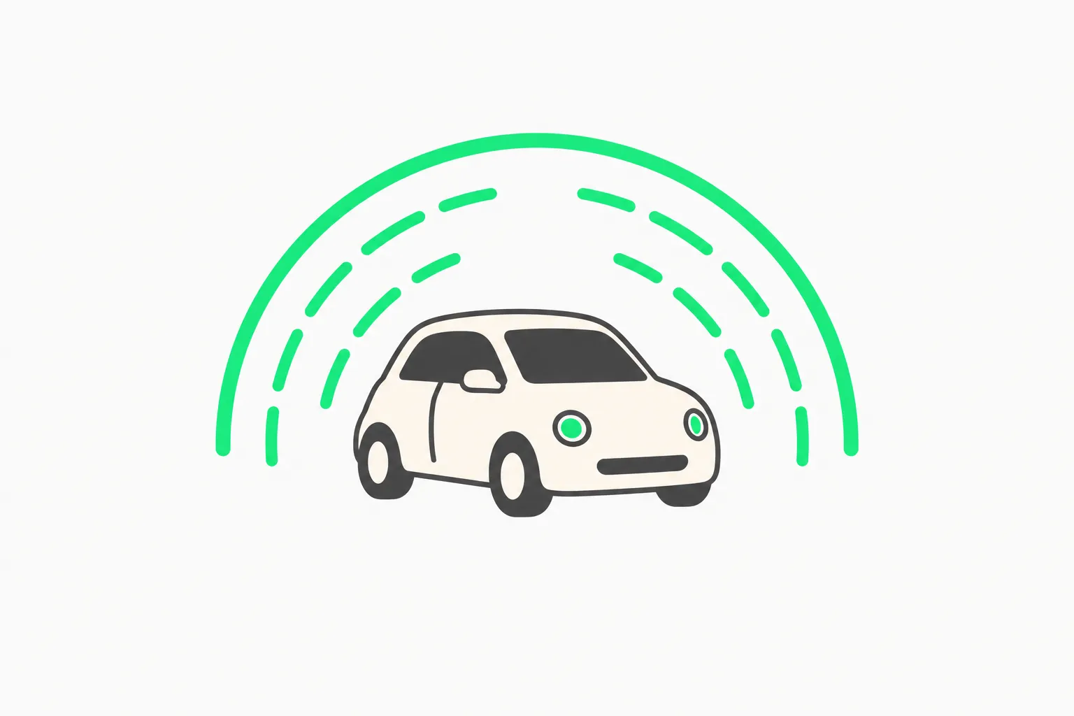 A cream car inside a green sensing arc, illustrating how the Waymo Driver perceives a city