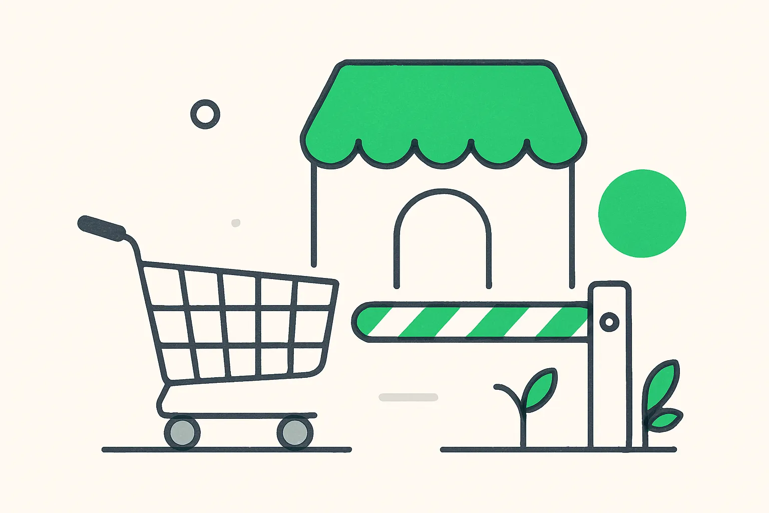 A shopping cart stopped at a gate, illustrating banks blocking unauthorized AI agents from customer accounts
