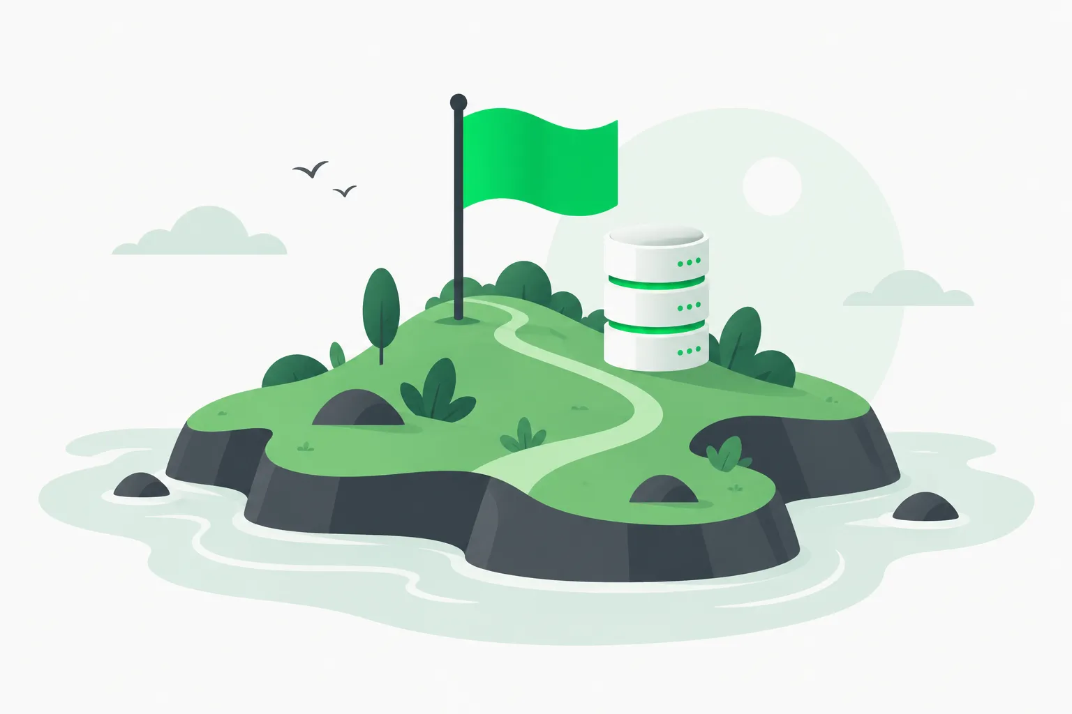 An abstract landmass with a green marker beside a data tower.
