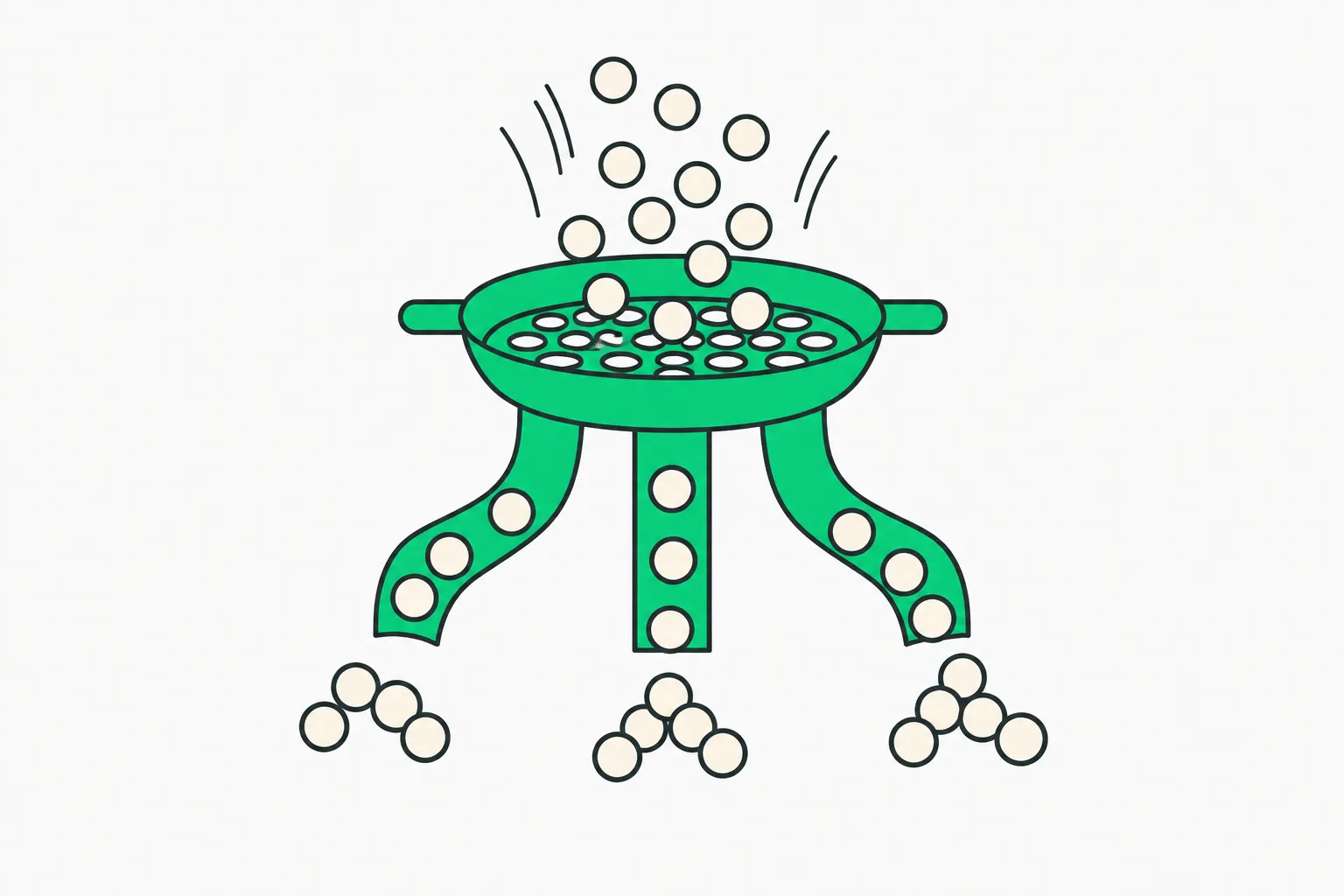 Cream beads passing through a green sieve into separate channels, a picture of how SAE latents split metagaming into distinct components