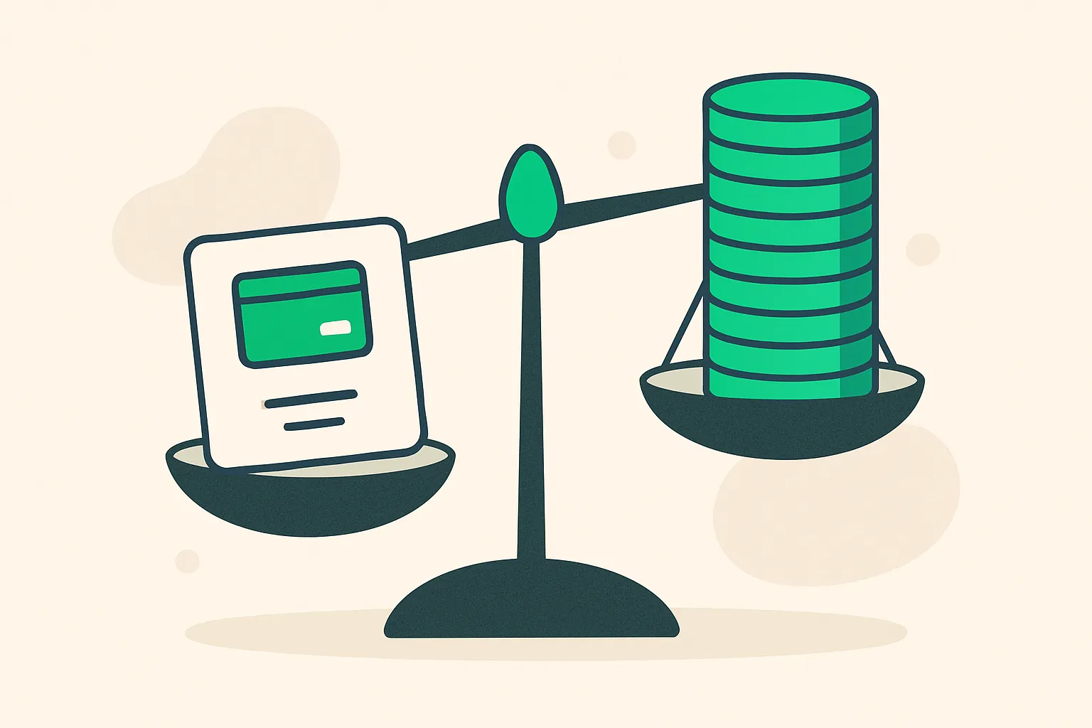 Balance scale weighing a subscription card against token chips, showing ChatGPT API credits versus plan price