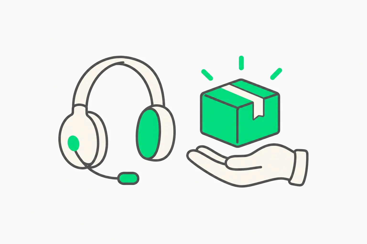 A headset beside an outlined hand receiving a green parcel, representing a human taking over an AI agent session