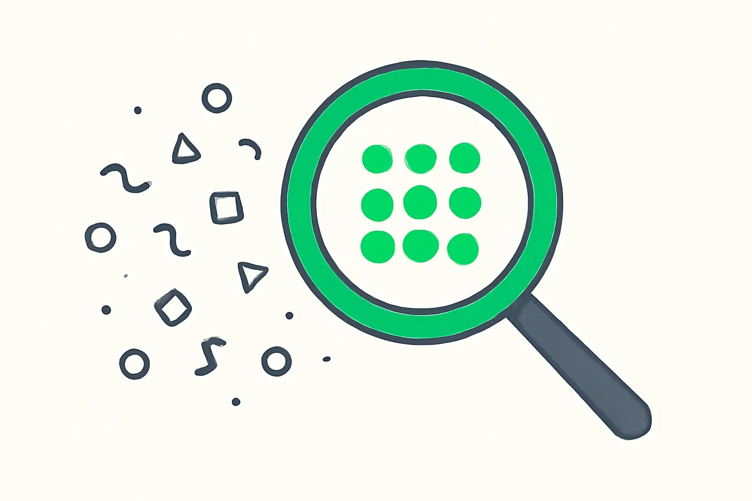 A magnifying glass resolving scattered shapes into an orderly grid, illustrating verification of AI claims against evidence