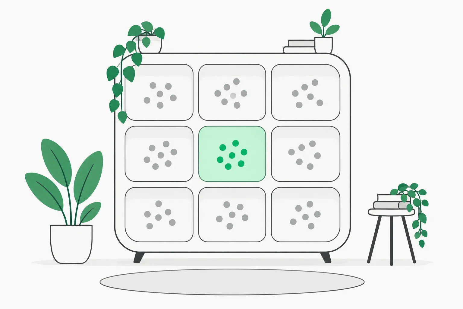 Shelves of dot clusters with one lit cell, representing the Chroma vector search behind claude-mem