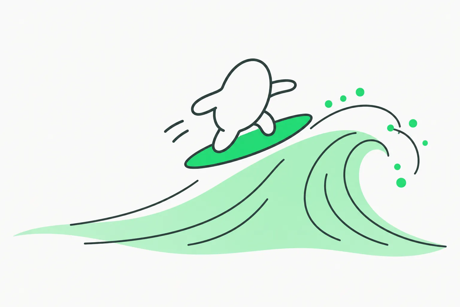 A small shape riding a soft green wave, representing vibe coding as a way for newcomers to enjoy building software