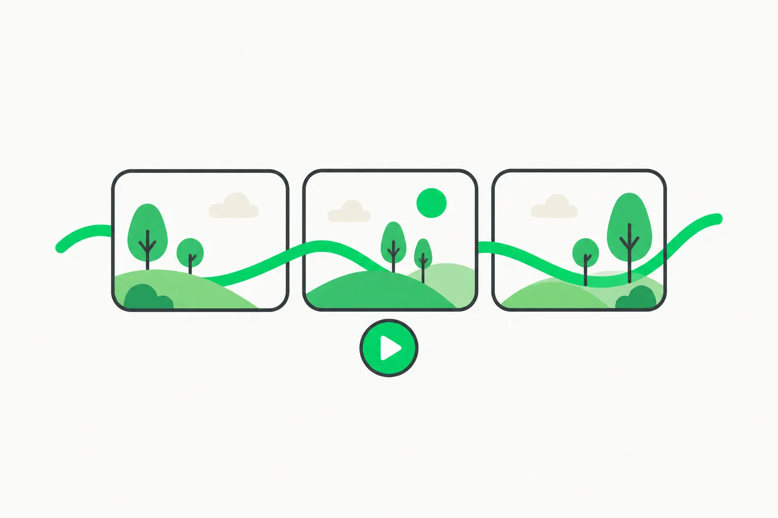 Three illustrated storyboard frames leading to a play button, representing short clips generated by Kandinsky 6.0 Video