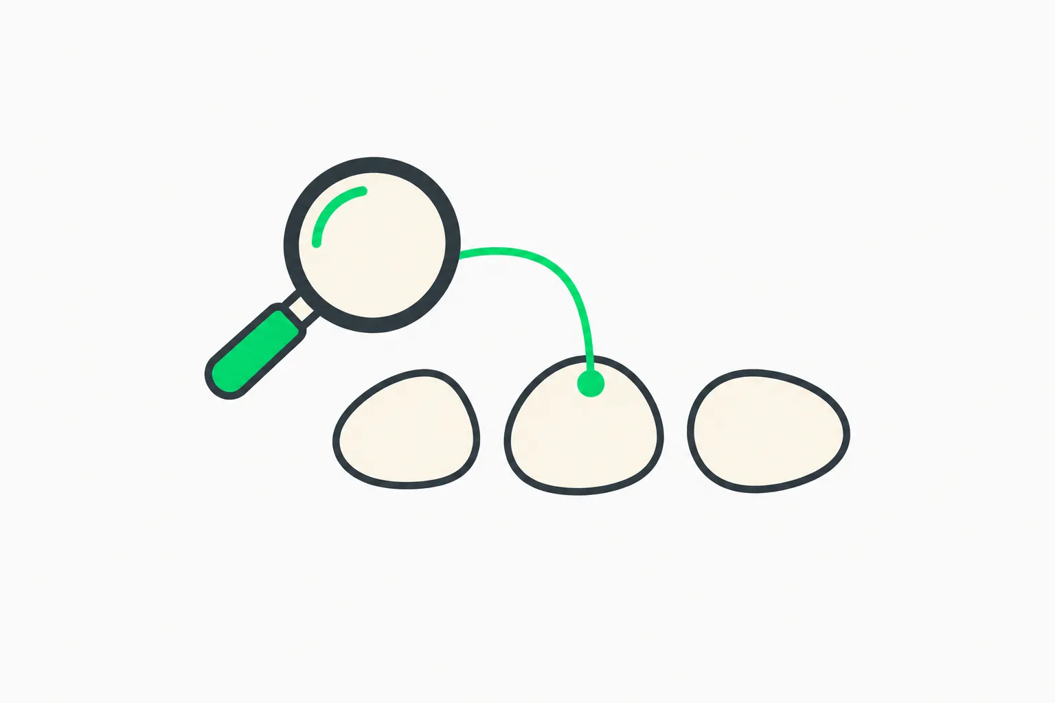 A green thread linking a magnifying lens to one pebble among three, a picture of picking the right piece in the SixthView benchmark