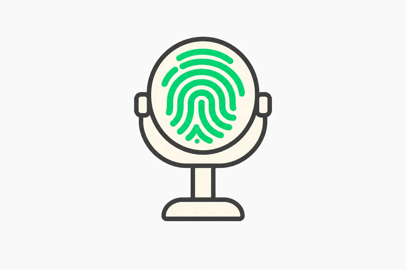 Cream microphone with a green fingerprint swirl, illustrating consent over voice data used for AI training
