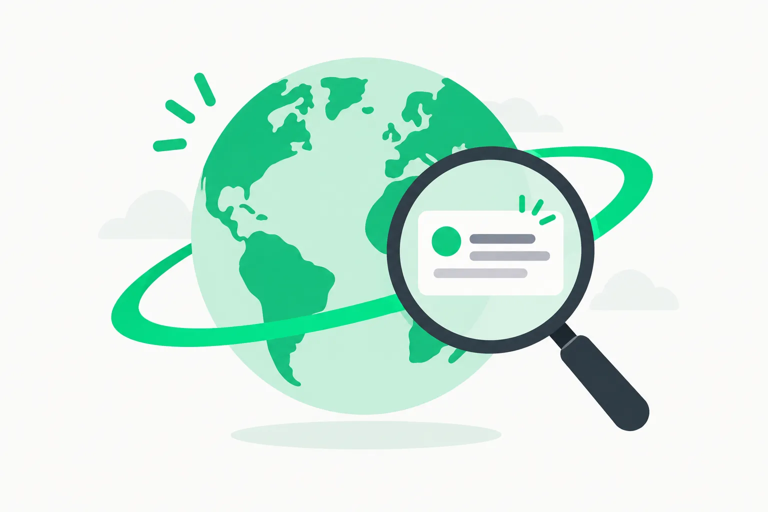 A globe with a magnifier and a green ring around a result card.