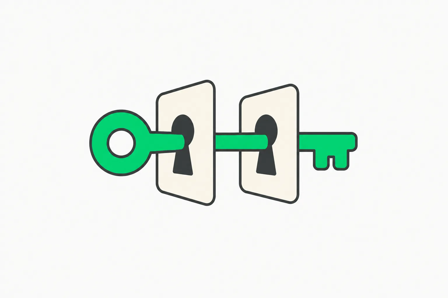 A green key passes through two separate cream keyhole gates, representing identity checks tying a digital persona to a responsible operator