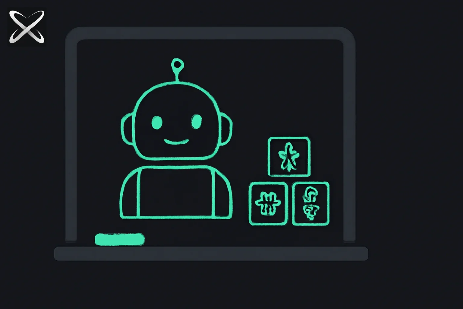 AI curriculum for kids diagram: a classroom chalkboard robot drawing beside stacked building-block icons for unplugged activities
