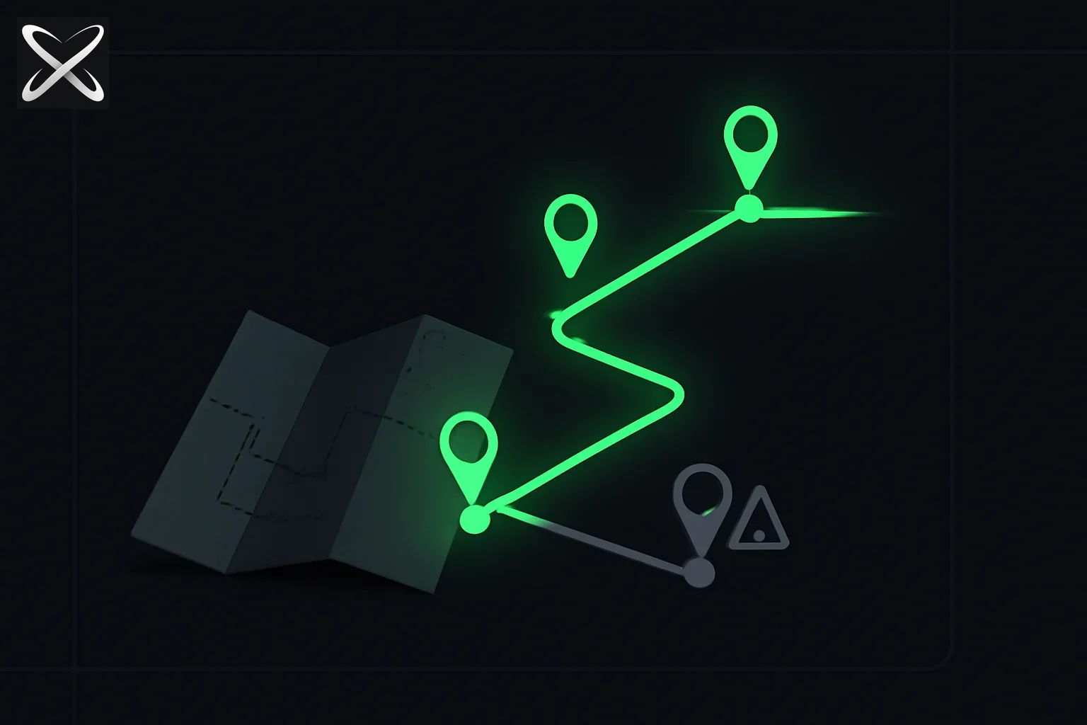 AI for travel planning diagram: a folded map unfolding into a glowing itinerary with one greyed-out caution pin