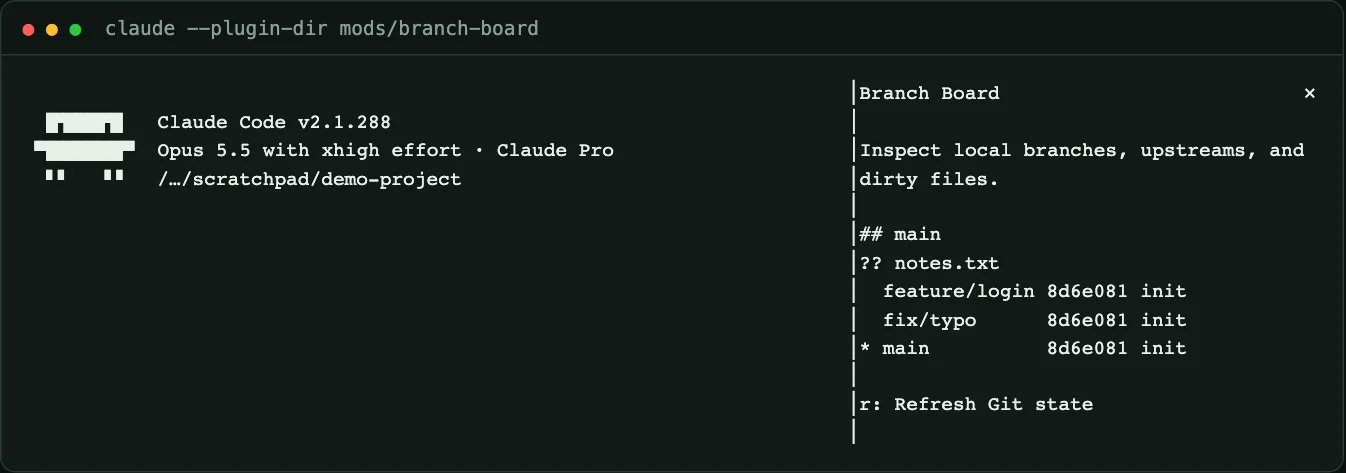Real Claude Code session with the Branch Board pane open, listing the main branch with an untracked file and the branches feature/login, fix/typo and main at the same commit