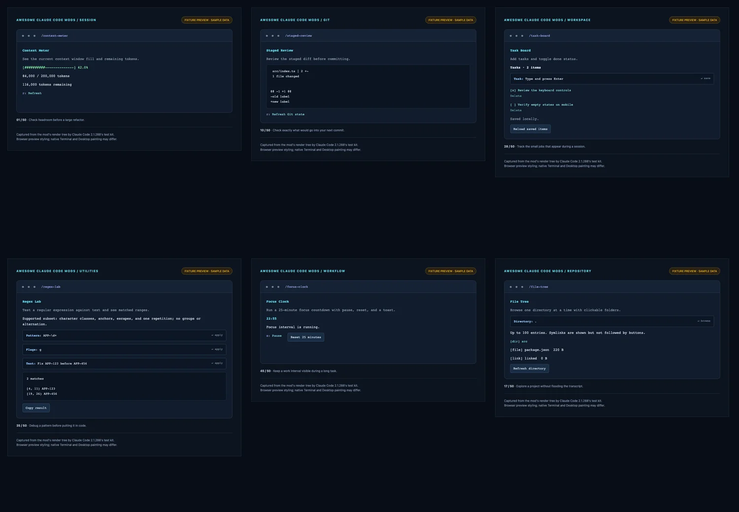Six preview panels from the awesome-claude-code-mods gallery: Context Meter, Staged Review, Task Board, Regex Lab, Focus Clock and File Tree, each labeled as a fixture preview with sample data