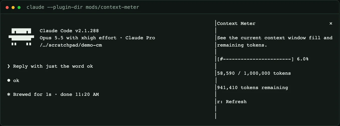 Real Claude Code session with the Context Meter pane open on the right, showing 6.0 percent used, 58,590 of 1,000,000 tokens and 941,410 remaining, beside a one-turn transcript