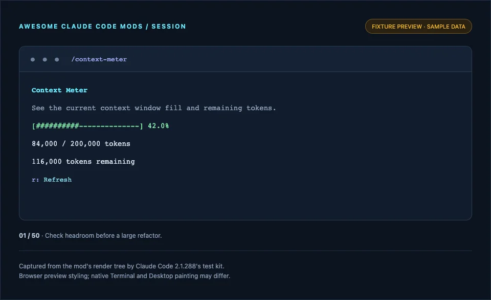 Context Meter preview showing a 42 percent fill bar, 84,000 of 200,000 tokens used and 116,000 remaining, labeled as a fixture preview