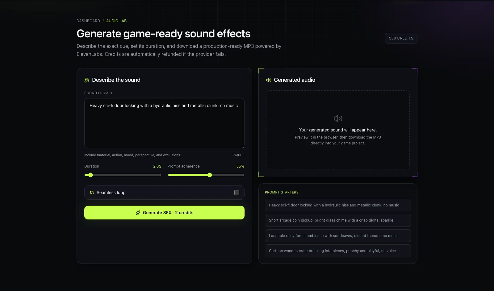bunpav's Audio Lab workspace for generating game sound effects, ambience, and music loops from a text prompt