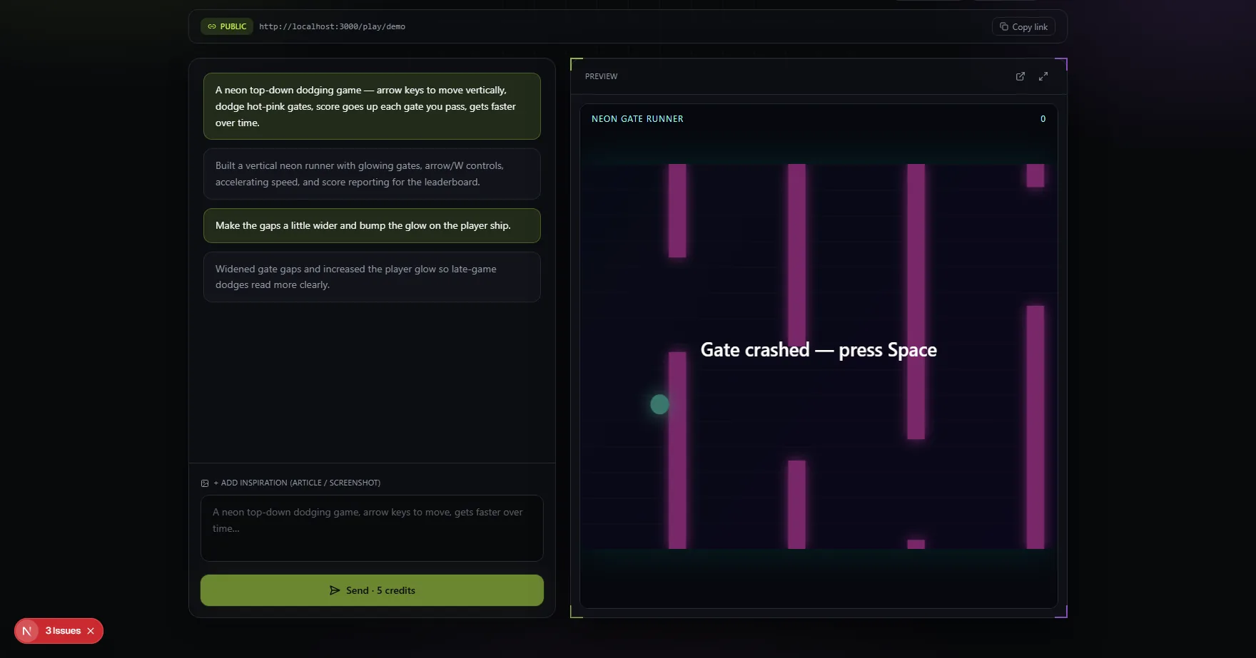 bunpav's Game Forge chat-driven browser game generator, showing a chat panel on the left and a live playable preview on the right