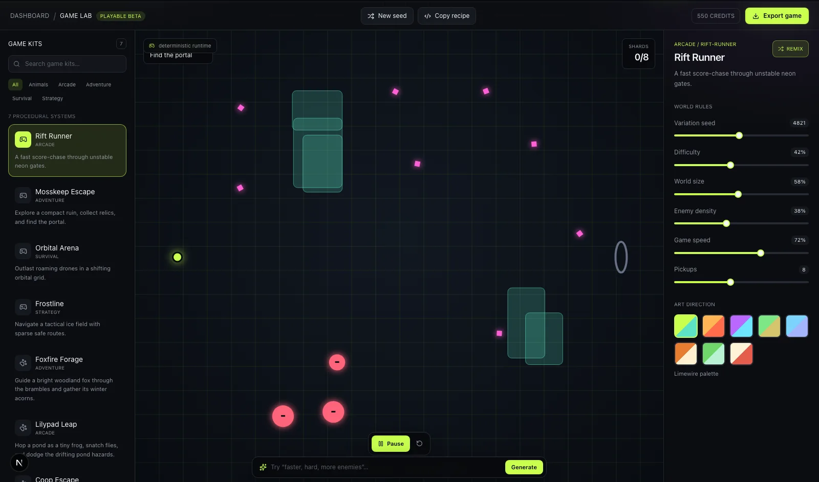 bunpav's Game Lab procedural level generator producing a playable browser game level with tunable difficulty and world-size parameters
