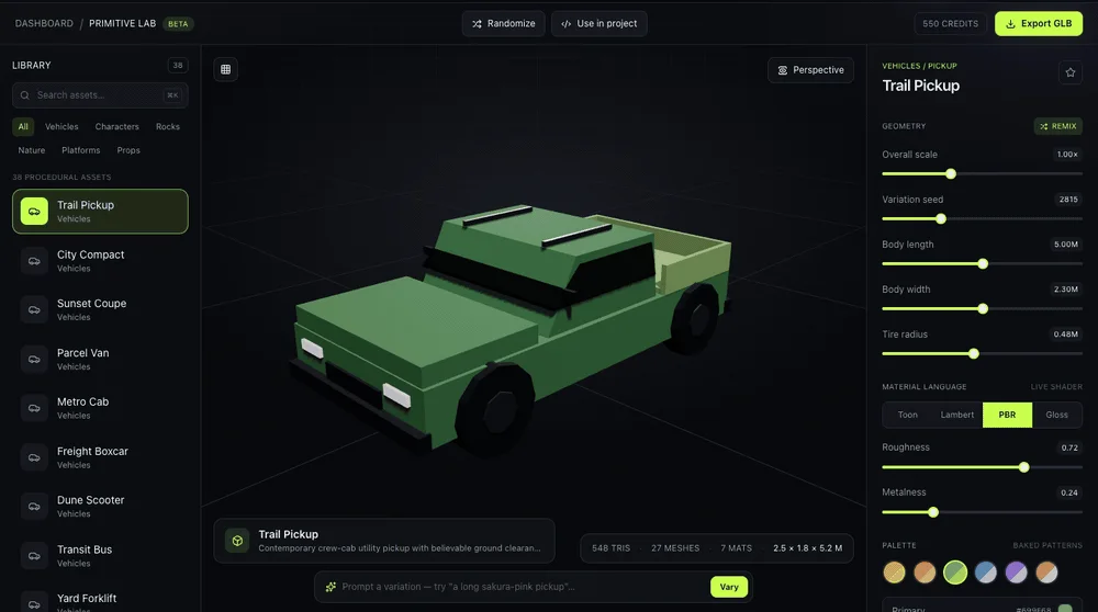 bunpav's Primitive Lab procedural 3D asset editor showing a low-poly vehicle with live parametric geometry sliders for scale, wheel radius, and body proportions